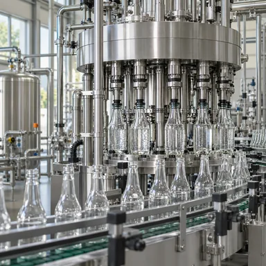 Clean beverage bottling line with stainless-steel processing equipment