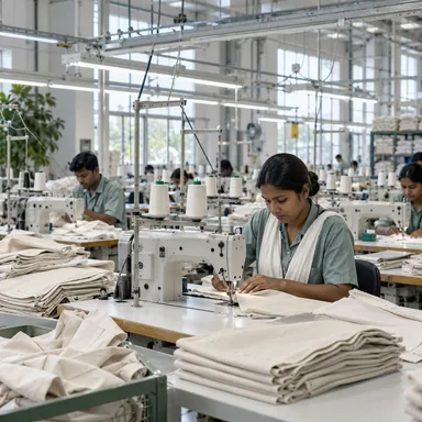 Modern garment production line with sewing machines and textiles